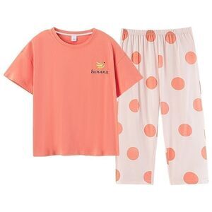 100% Cotton Women Capri Pajama Set 2Pcs Short Sleeve Top Capris pants Sleepwear